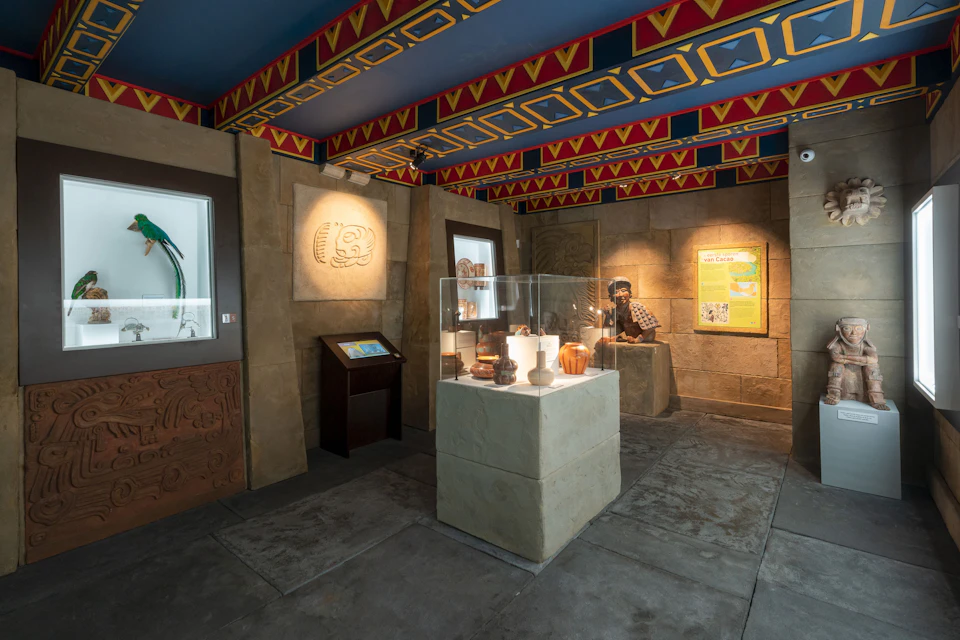 Museum exhibit room with ancient artifacts in display cases, detailed wall carvings, and a life-size mannequin in historical attire.