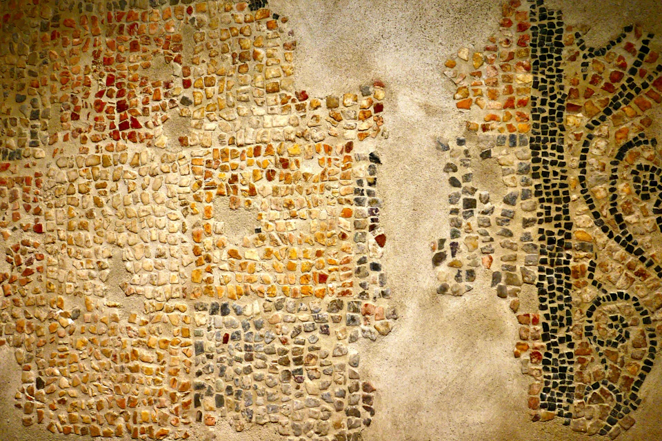 detail from a reconstructed mosaic, at the underground excavations
