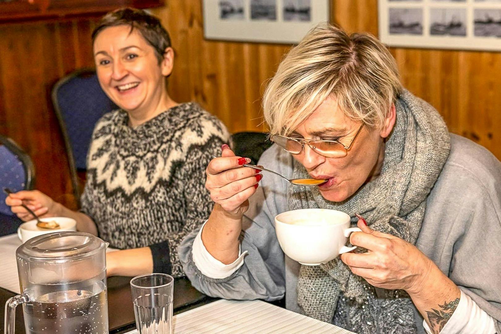 Sampling delicious Lobster Soup