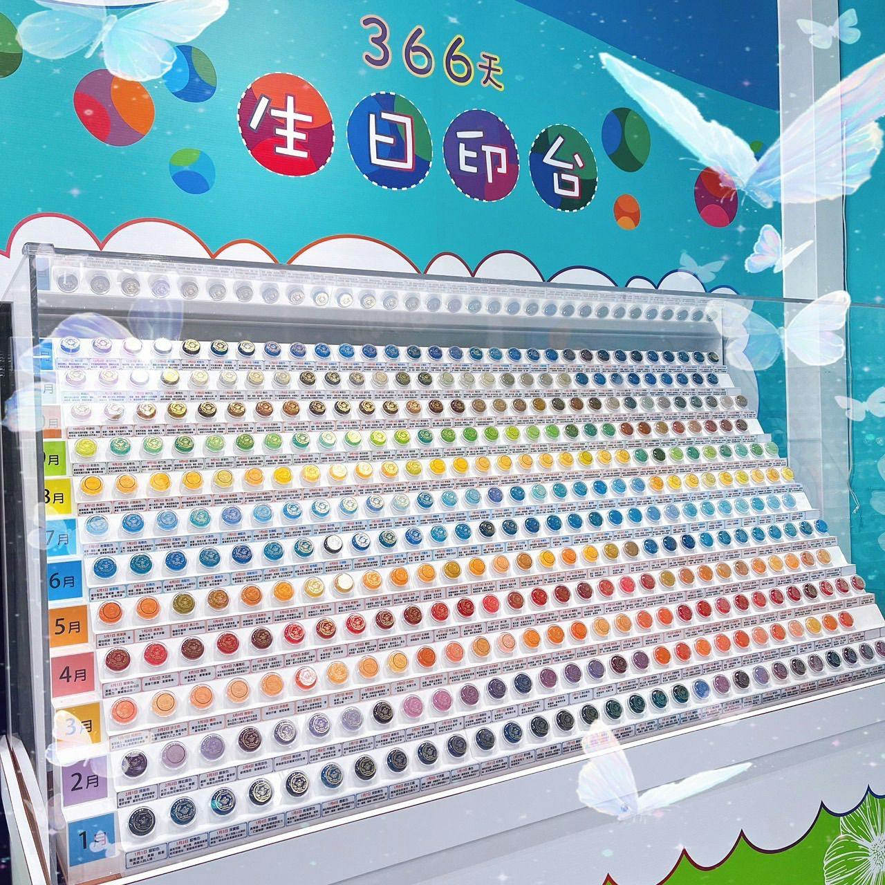 A colorful display of small circular items arranged in 12 rows, labeled by months, with decorative butterflies and a blue background.