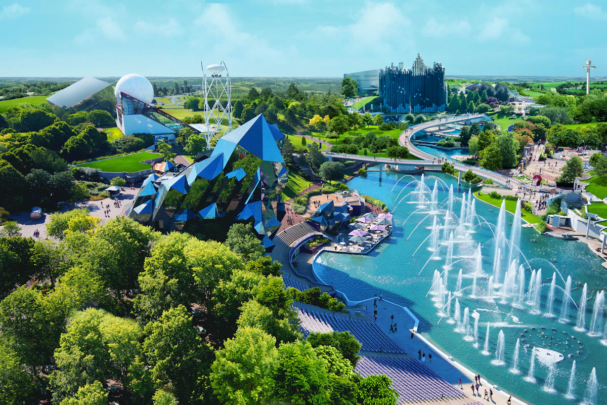 Vue aérienne du Futuroscope et de ses pavillons