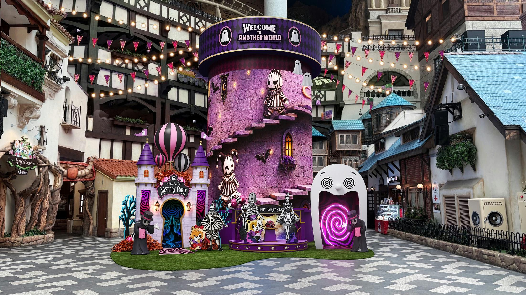 A colorful, whimsical Halloween-themed display with a purple tower, costumed characters, and decorative lights in a festive setting.