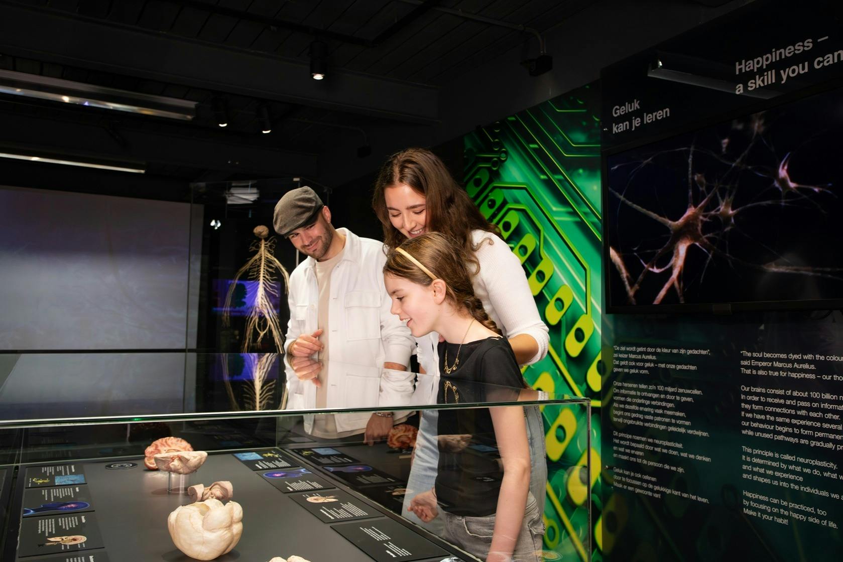 Drei Personen, darunter ein Kind, untersuchen eine Museumsvitrine mit verschiedenen Gegenständen darin.