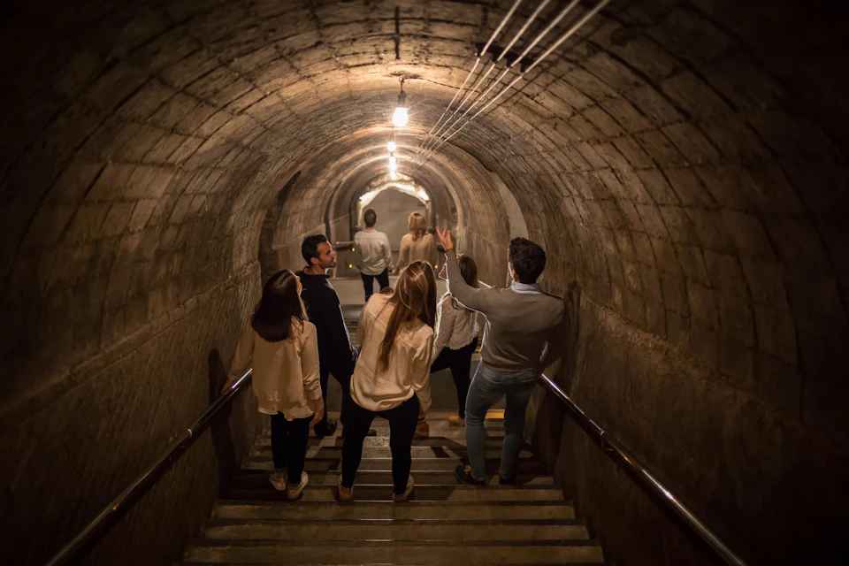 A group of people descends a dimly lit, arched stone staircase, some looking around or listening attentively to a guide.
