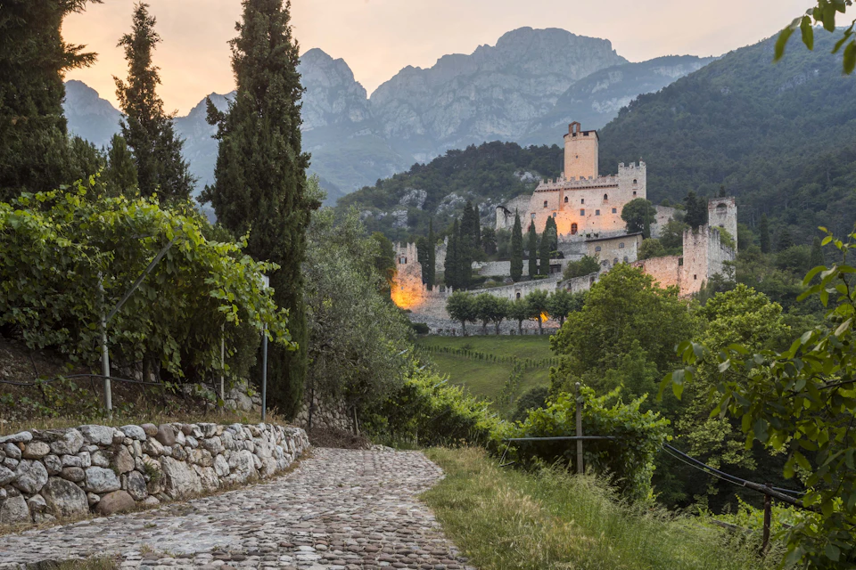 A cobblestone path leads to a castle on a hill, surrounded by lush greenery and mountains in the background during sunset.