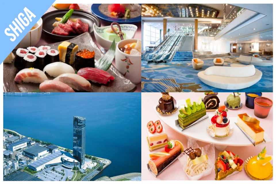 A collage showing sushi and desserts, a modern building near water, and a spacious indoors with escalators and seating areas.