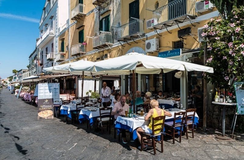 People dining at outdoor tables under large white umbrellas in front of a yellow building on a sunny day.
