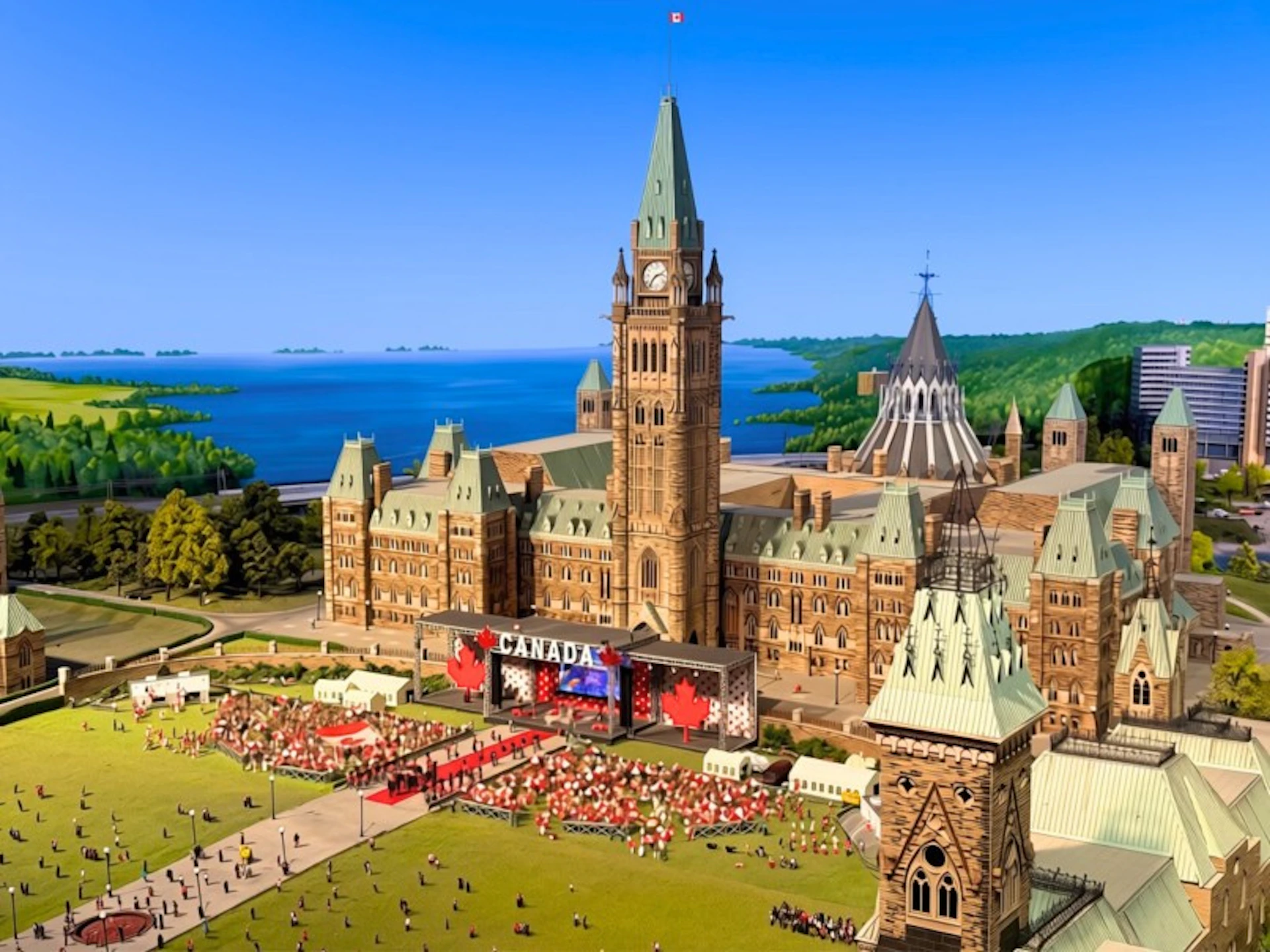Parliament Hill in Ottawa with a crowd gathered for a Canada Day event, featuring the Centre Block and Peace Tower.