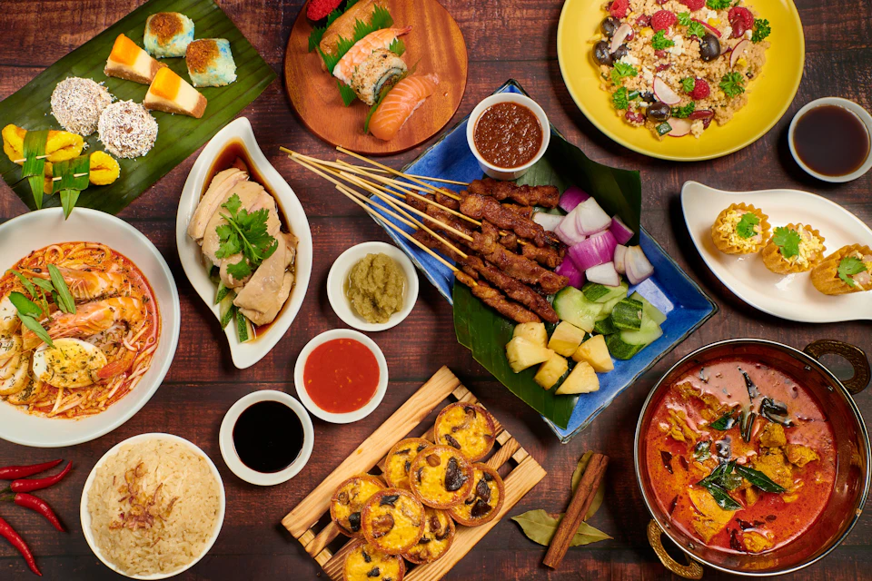 A variety of dishes on a wooden table including satay, rice, sushi, desserts, and curry, representing diverse cuisine.