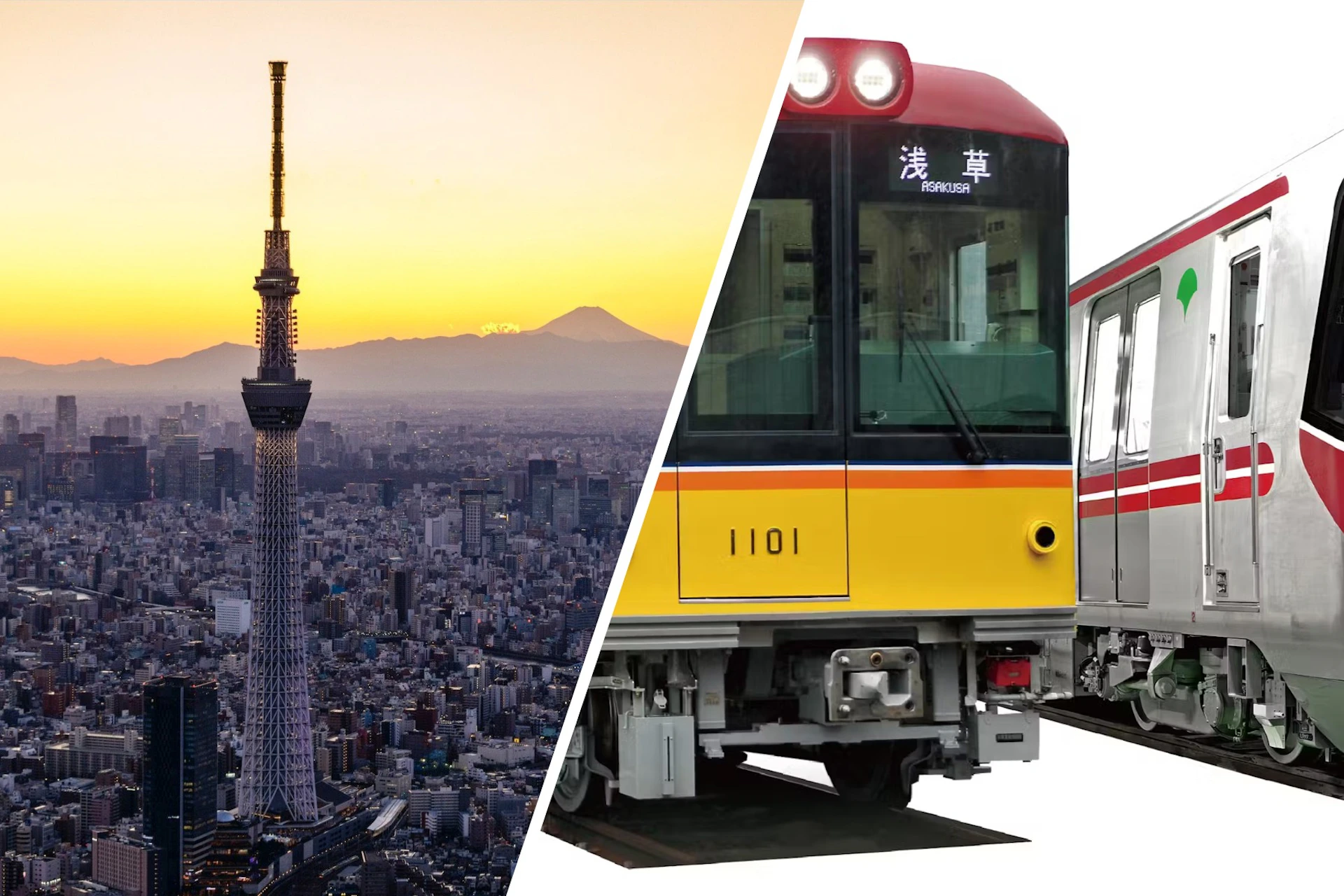 Split image: Tokyo Skytree with cityscape at sunrise on the left, and a red and yellow train with Japanese text on the right.