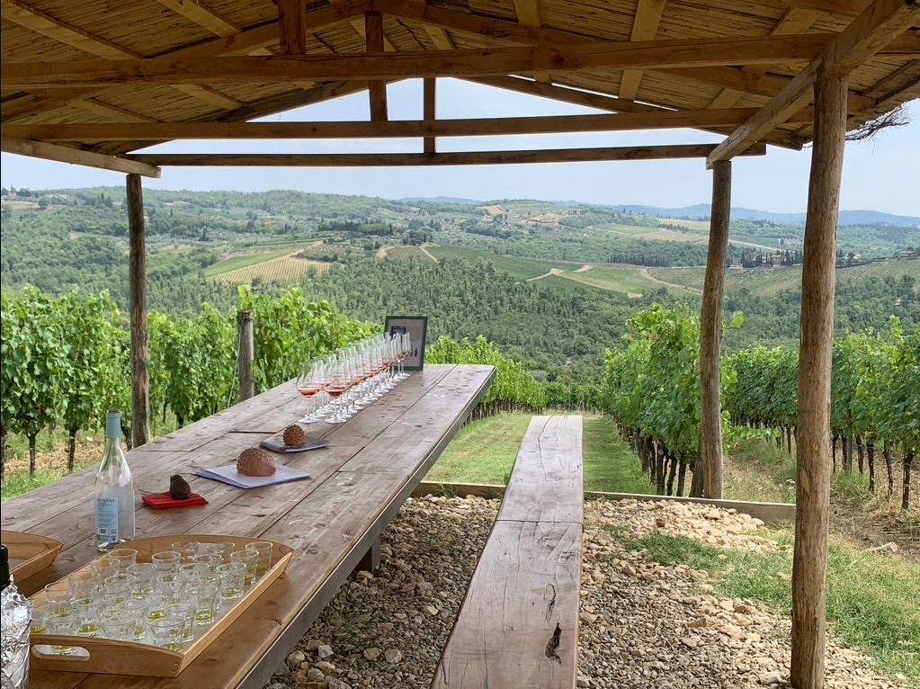 Ξύλινο τραπέζι με ποτήρια κρασιού κάτω από ένα ρουστίκ στέγαστρο, με θέα σε έναν αμπελώνα και λόφους στο βάθος.