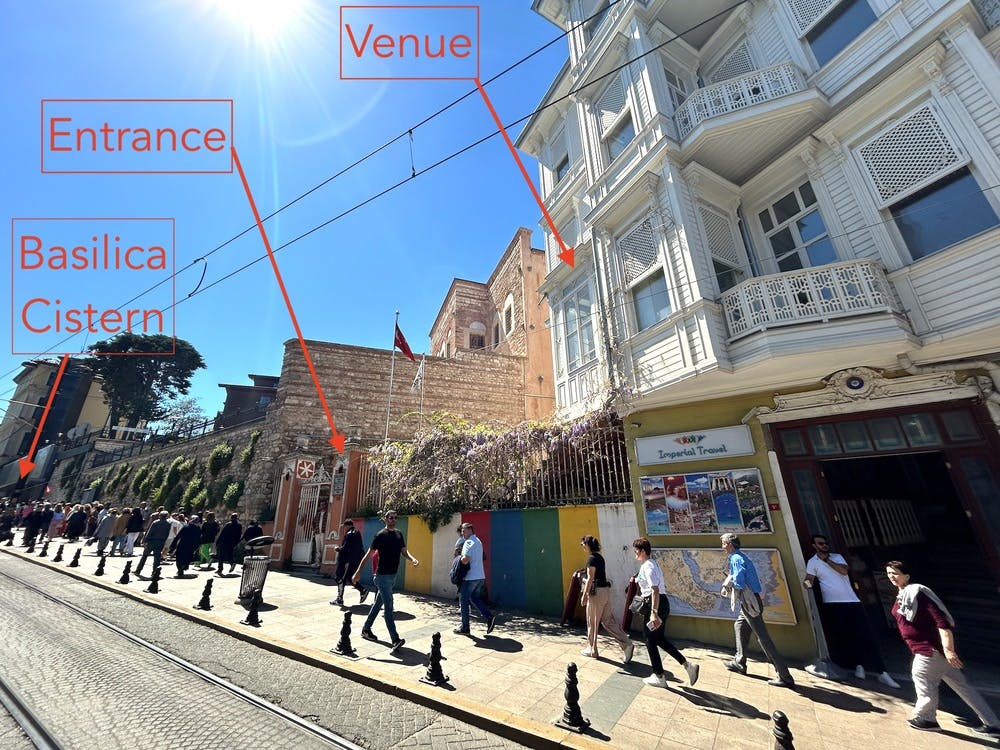 Οι άνθρωποι περπατούν κατά μήκος ενός πλακόστρωτου δρόμου μια ηλιόλουστη μέρα, με ένα ιστορικό κτίριο και μια πινακίδα που γράφει "Χώρος" που δείχνει προς τα πάνω.