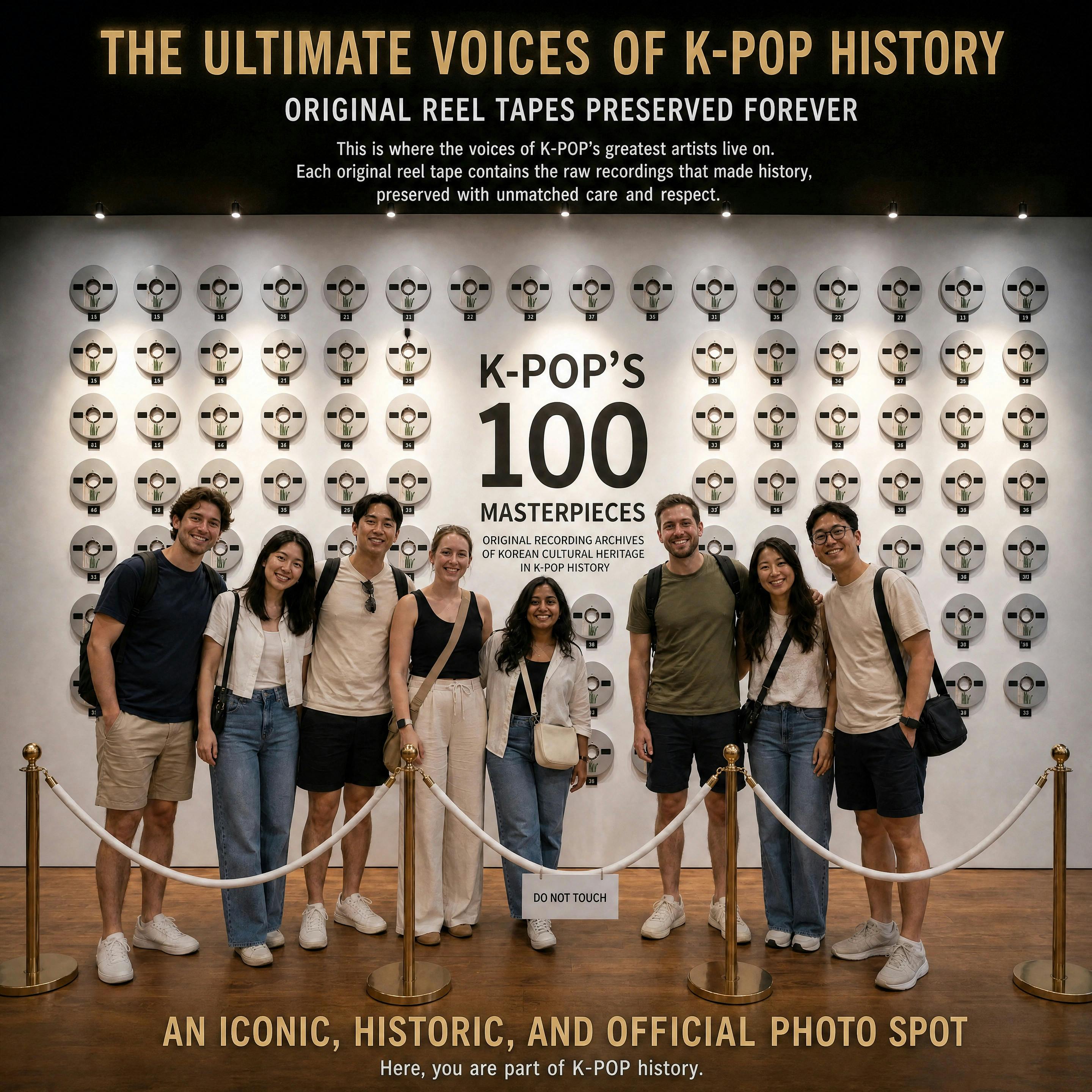 A group of people posing in front of a wall with text about K-pop's 100 masterpieces and a display of reels.