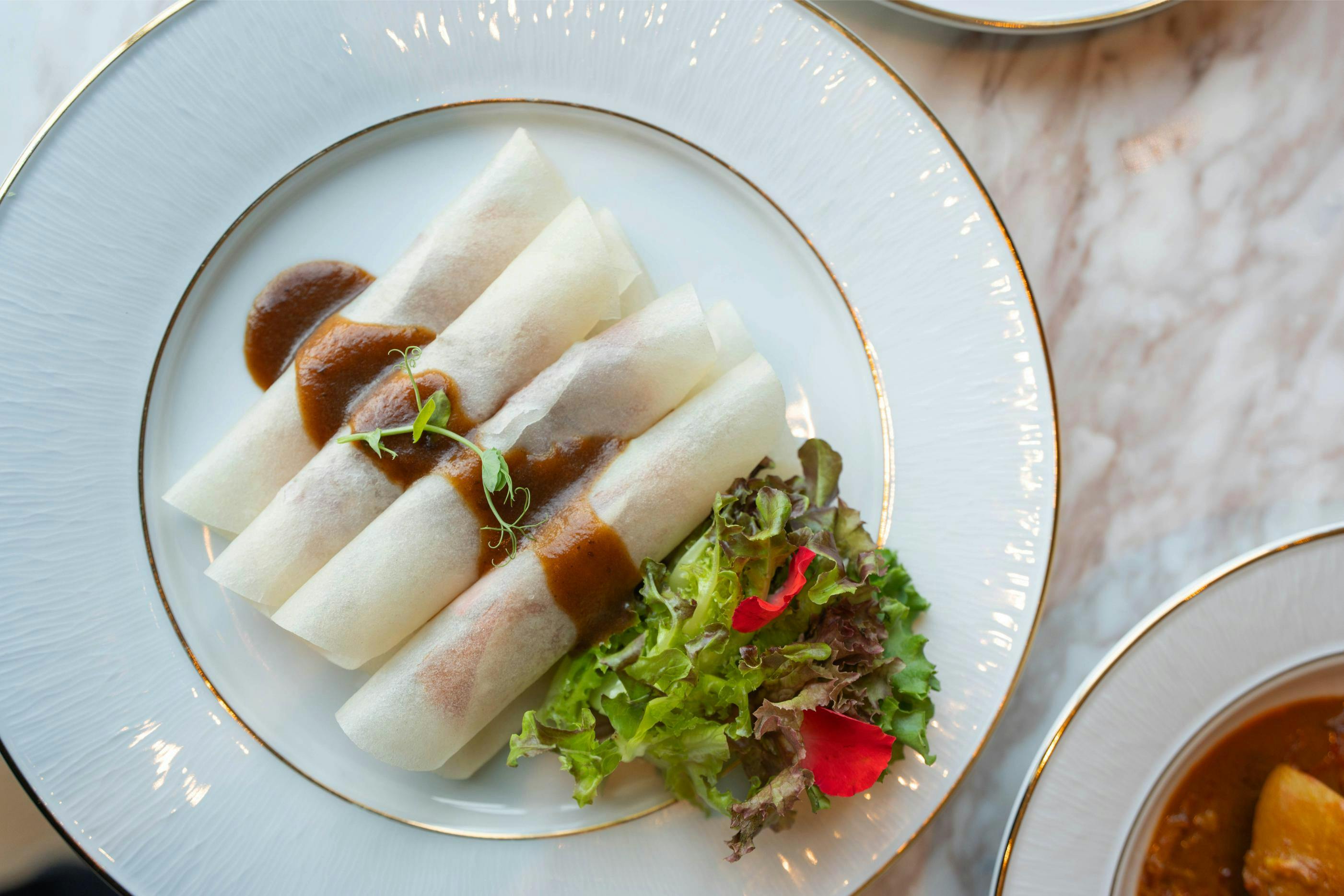 Four neatly arranged spring rolls with sauce, garnished with herbs, served alongside a small salad on a white plate.