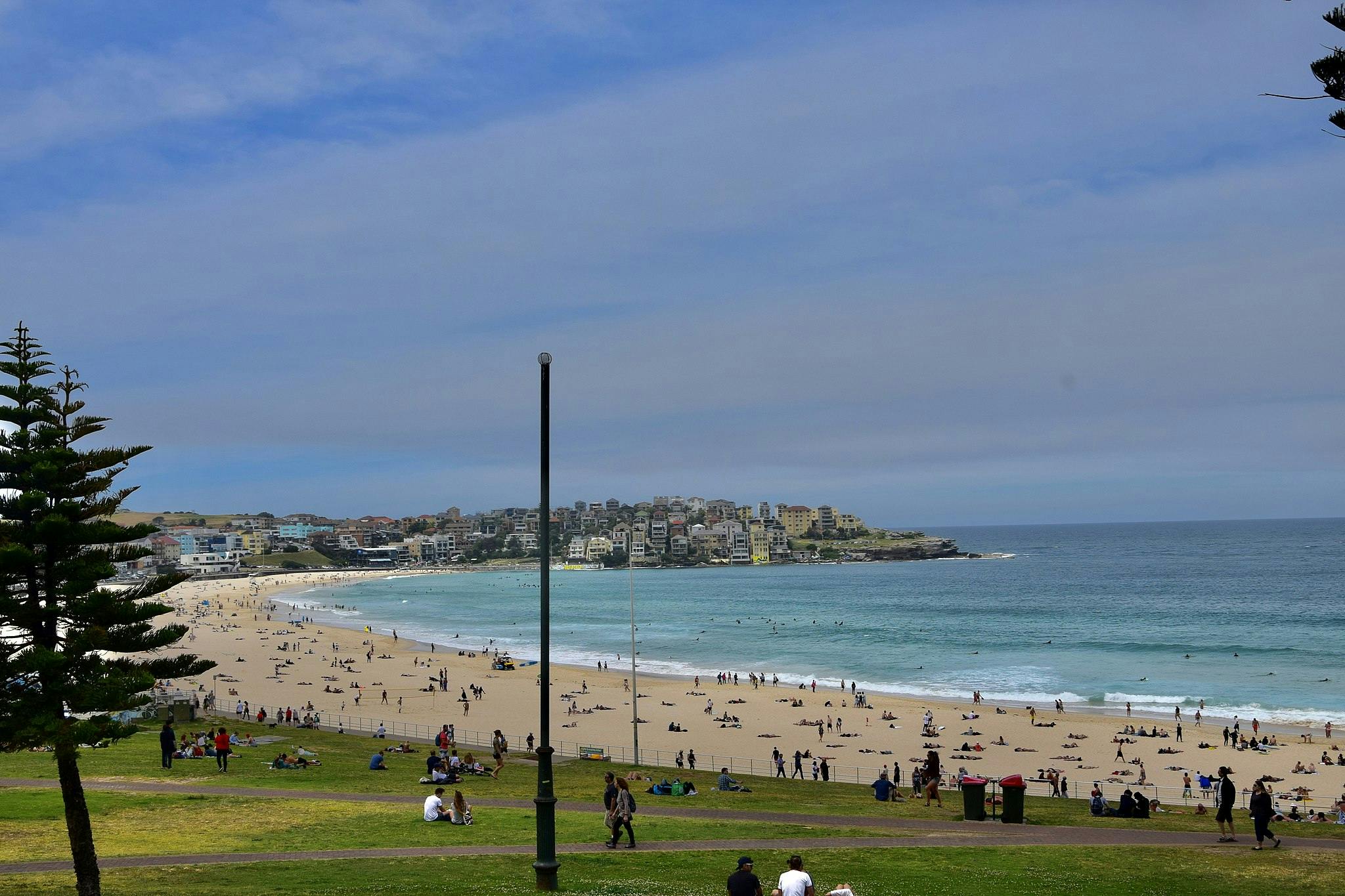 Una spiaggia con numerose persone sulla sabbia, un'area erbosa con alberi in primo piano ed edifici su una collina lontana.