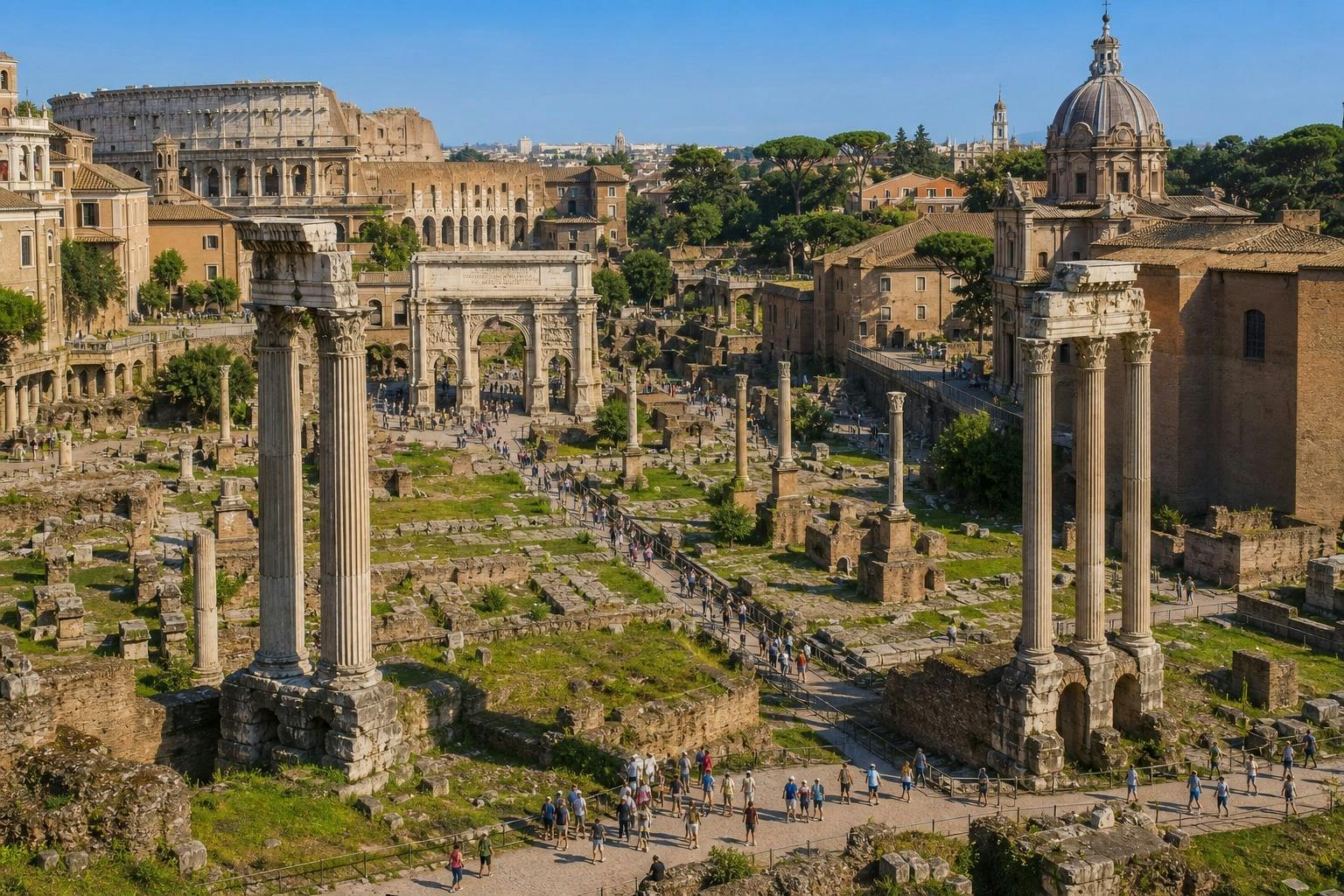 Une vue du Forum romain, avec ses ruines antiques, ses colonnes et ses arcades, grouillant de visiteurs sous un ciel bleu limpide.