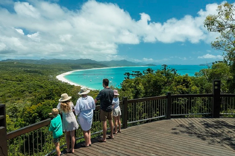 Five people on a wooden overlook deck, gazing at a scenic view of a beach, turquoise water, and lush greenery under a partly cloudy sky.