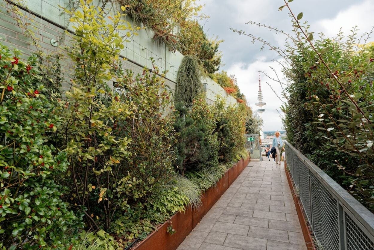 Chodník lemovaný zelení a květinami, který vede k výhledu na věž v dálce. Dva lidé odcházejí.