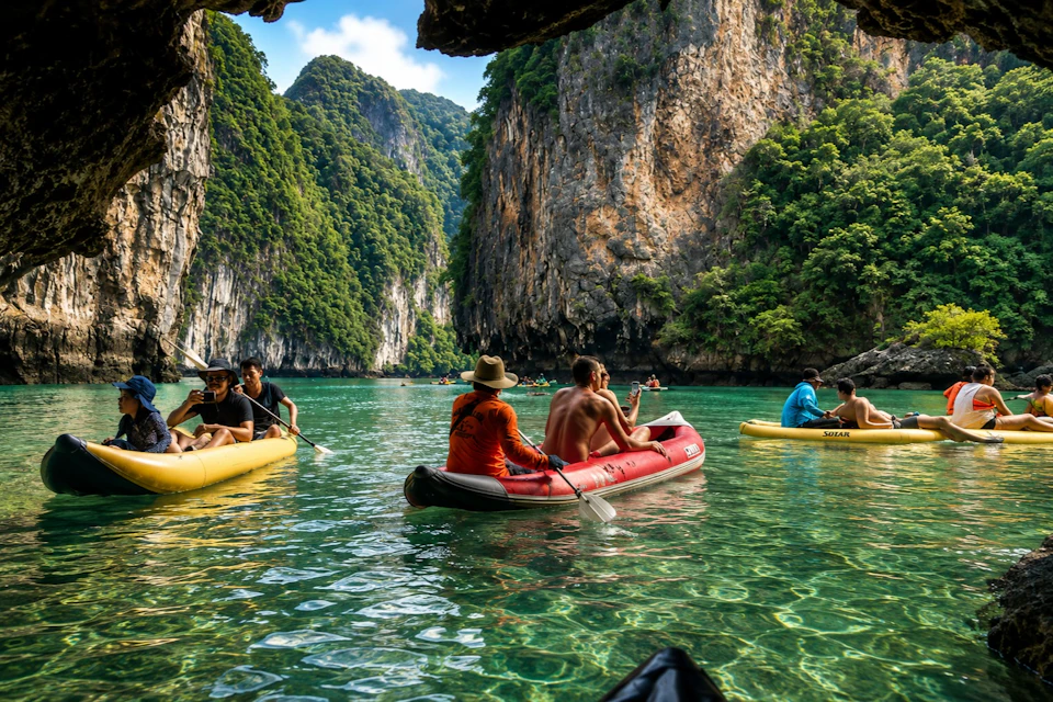 People kayaking on clear turquoise water between steep, lush cliffs under a sunny sky.