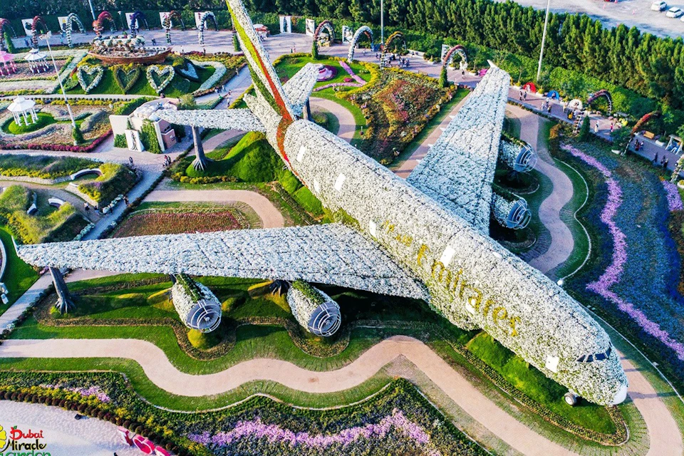 Admire the impressive life-size floral model of a double-decker Airbus A380.