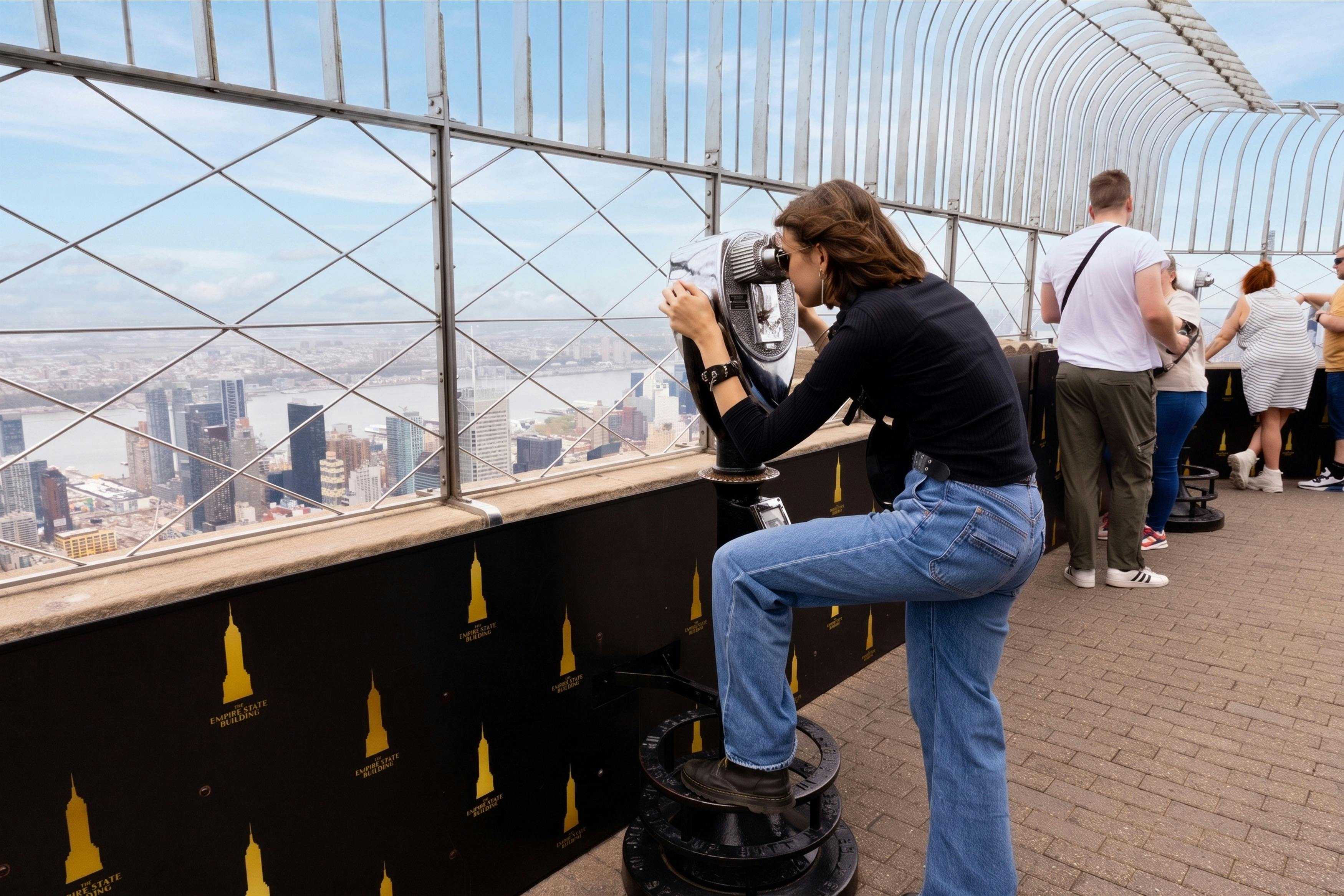 Une personne regardant à travers des jumelles à pièces sur un toit-terrasse avec une vue sur un paysage urbain.