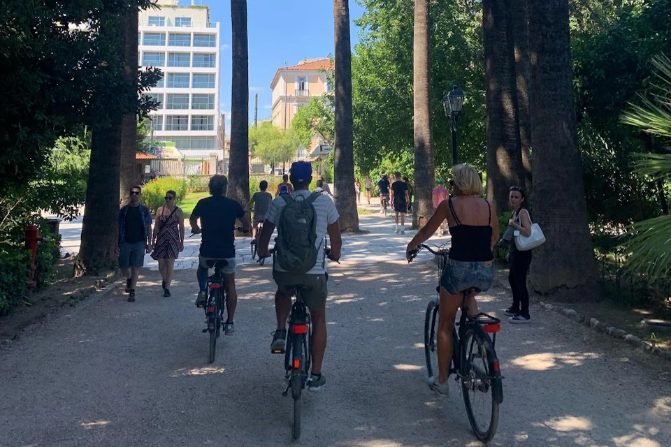 Group by bike in the gardens of Athens