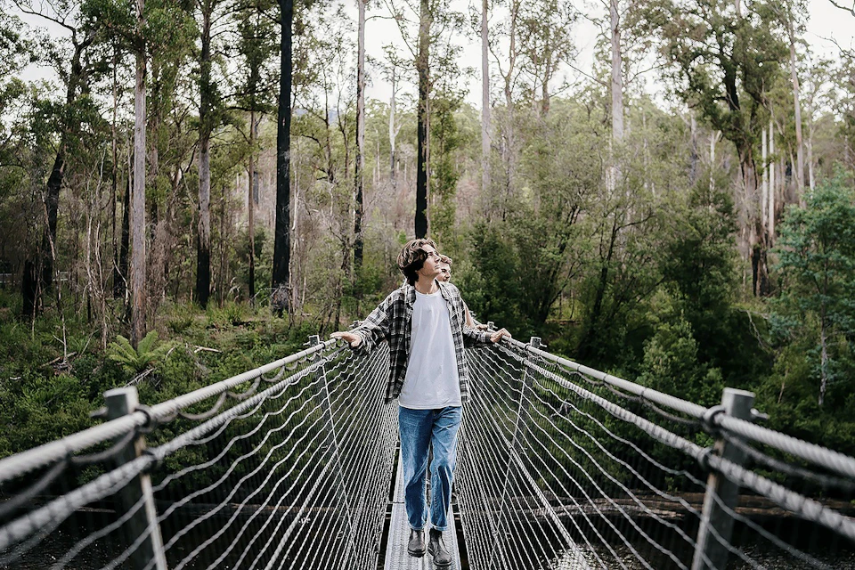 A person stands on a suspension bridge in a forested area, holding onto the railing, with trees visible in the background.