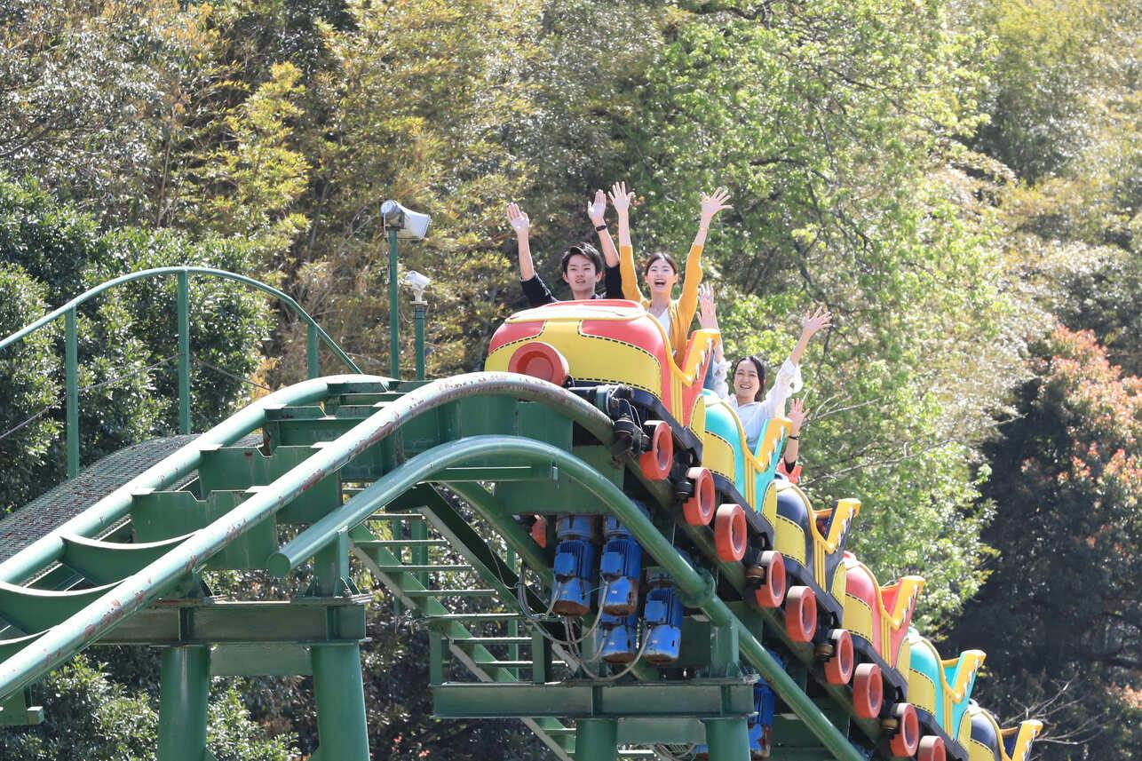 People on a colorful roller coaster, raising their hands, surrounded by greenery and trees in the background.
