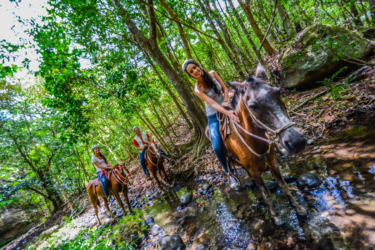 Trois personnes à cheval traversent un ruisseau peu profond dans une forêt dense, en souriant et en portant des vêtements décontractés.