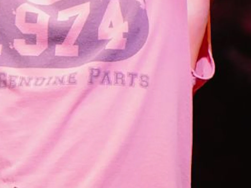 A person wearing a pink shirt and jeans stands on a stage with arms raised, surrounded by a lively restaurant setting.