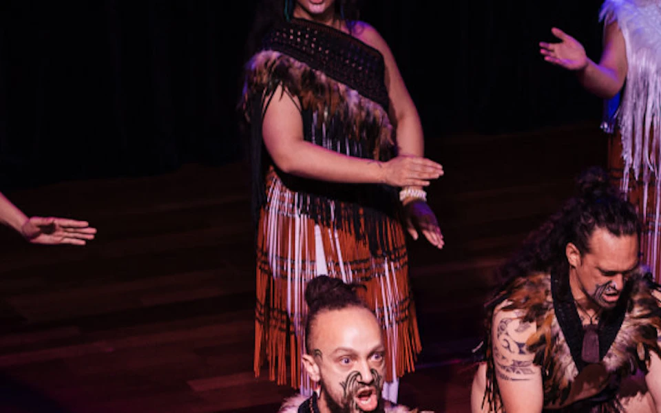 A group of performers in traditional attire on stage, engaging in a cultural performance, with an audience watching.