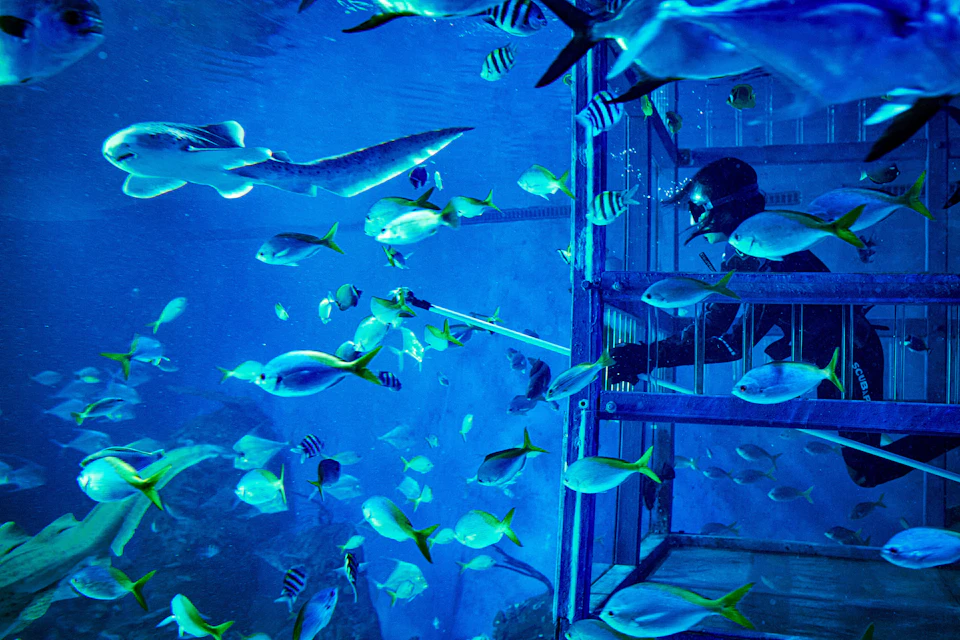 A diver in a metal cage surrounded by various colorful fish in an underwater environment.