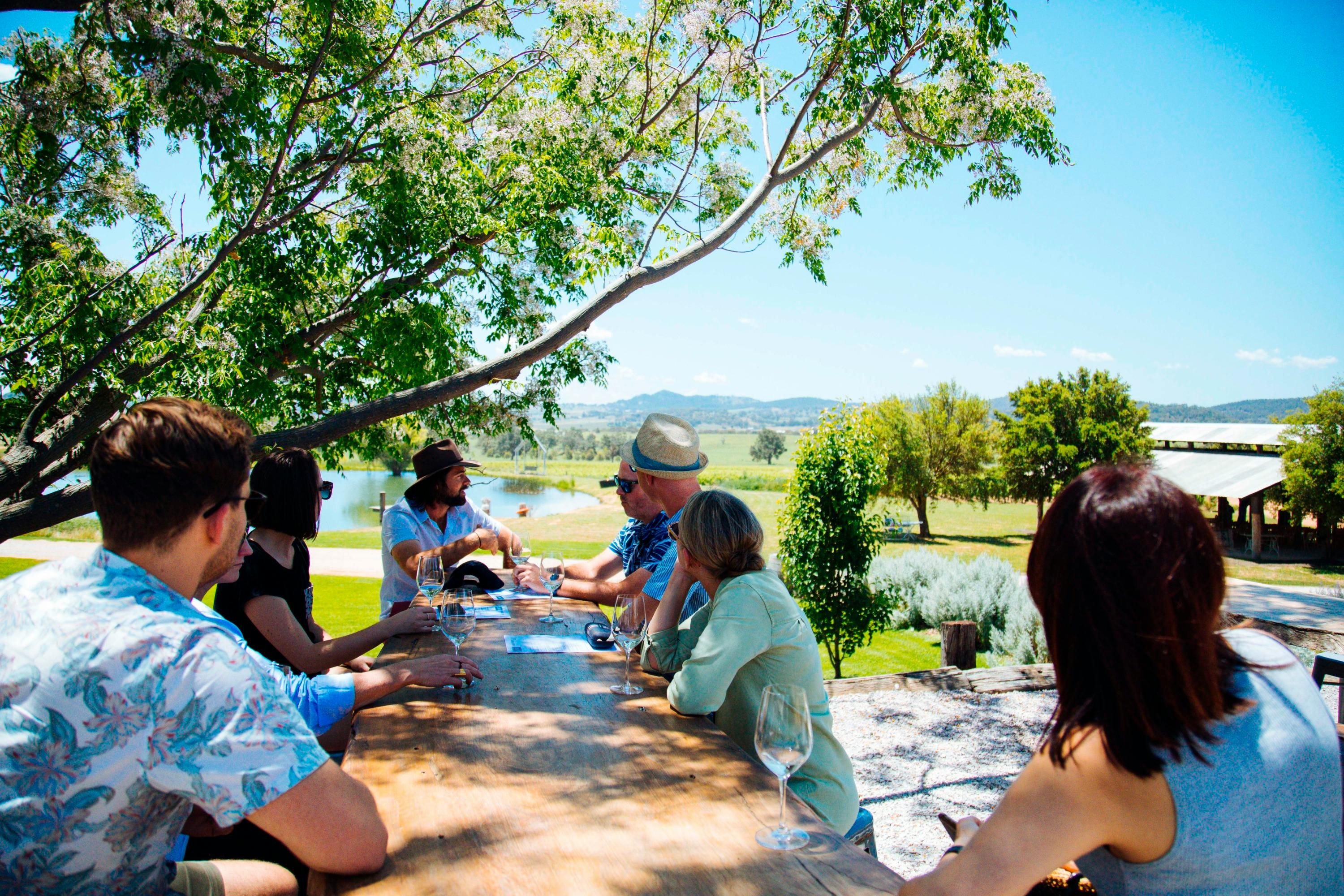 A group of people sitting outdoors at a wooden table, enjoying drinks with a scenic landscape of trees and a pond in the background.