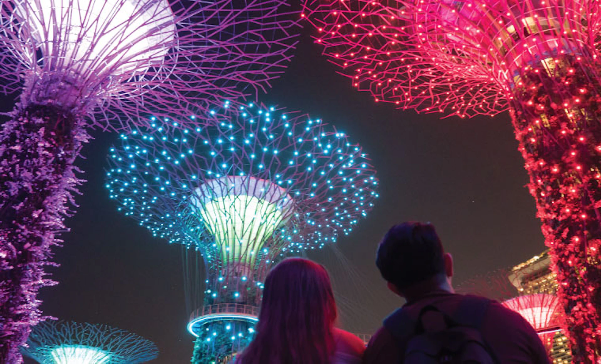 Two people observe illuminated tree-like structures glowing with vibrant colors at night.