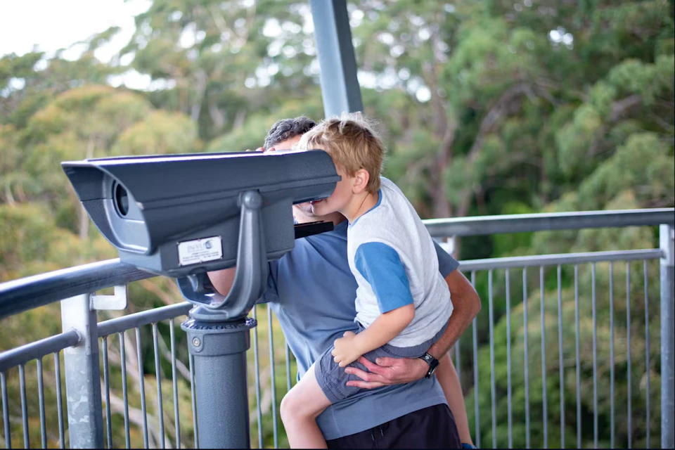 A child is being held by an adult while looking through a public binocular viewer on an outdoor observation platform.