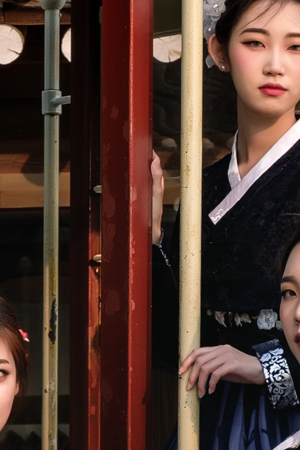 Three women wearing traditional hanbok dresses pose in front of a traditional building with wooden pillars and lattice windows.