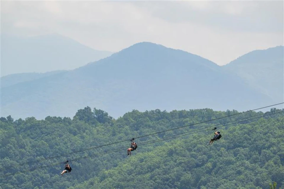 Three people zip-lining through a green forested area with distant blue mountains in the background.