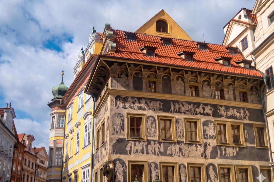 A decorative building with artwork on its facade, featuring a red-tiled roof, against a partly cloudy sky.
