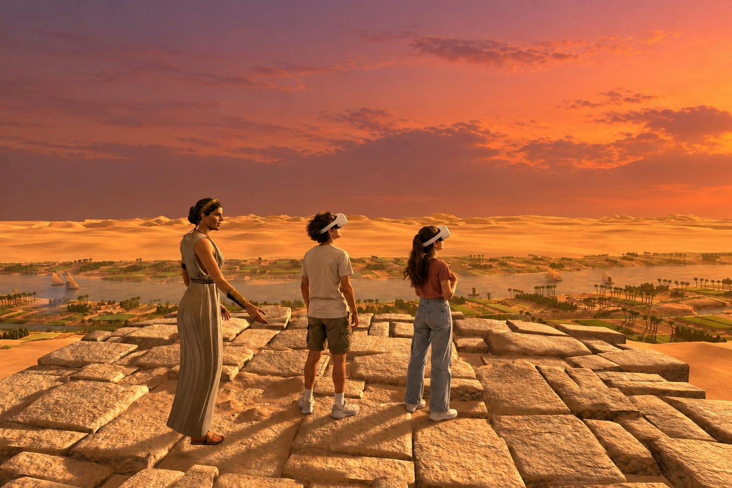 Three people with VR headsets stand on stone ruins, overlooking a desert landscape at sunset.