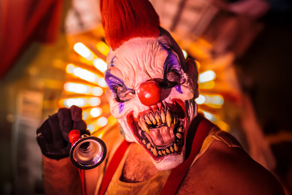 A person wearing a scary clown mask with sharp teeth and holding a small bell in a vibrant, colorful setting.