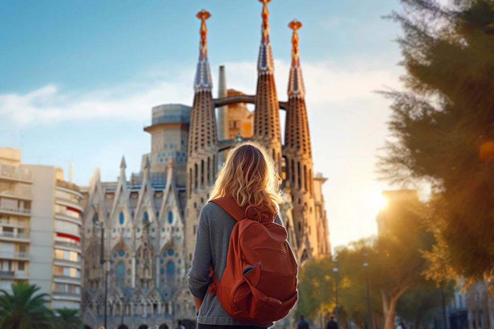 A person with blonde hair and an orange backpack stands in front of a large ornate building with tall spires at sunset.
