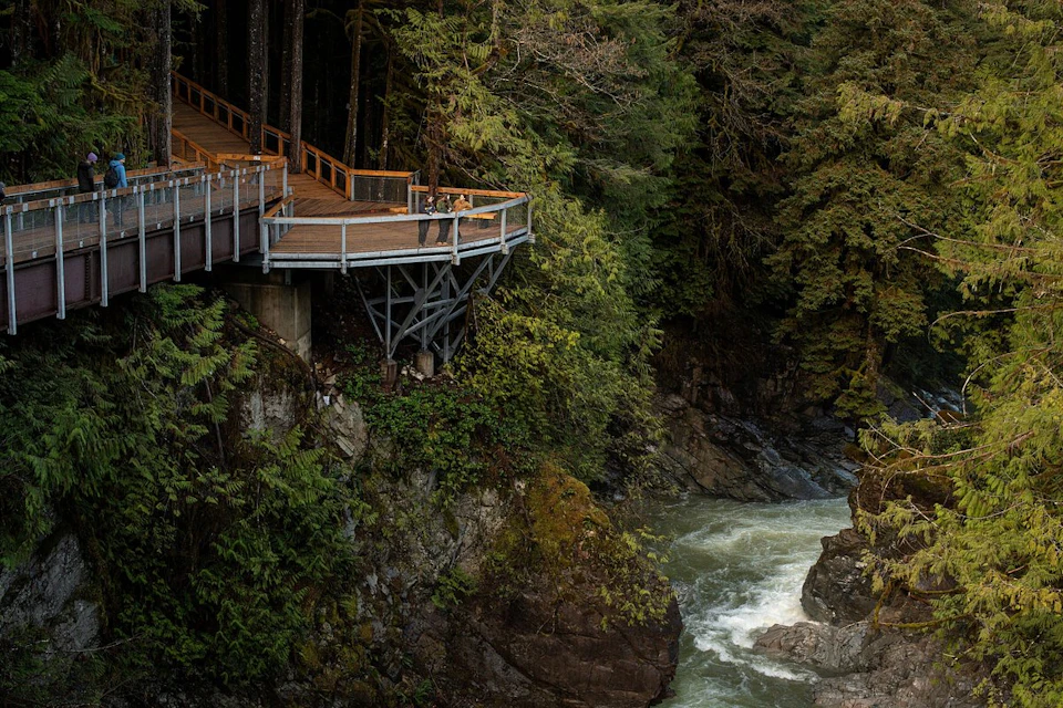 A viewing platform with people overlooking a forested gorge with a flowing river below.