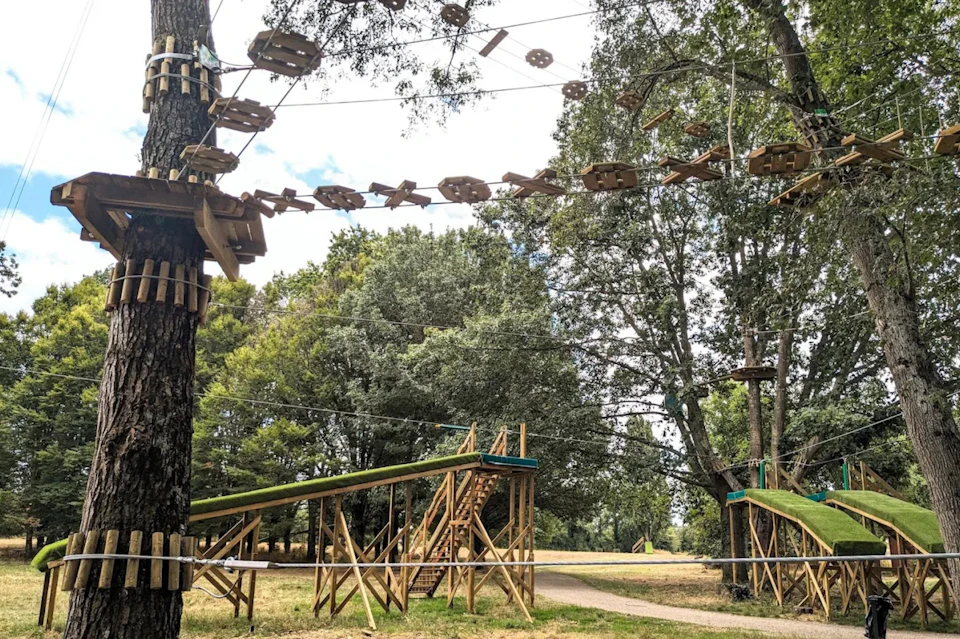 Outdoor ropes course with wooden platforms and bridges set among tall trees in a park.