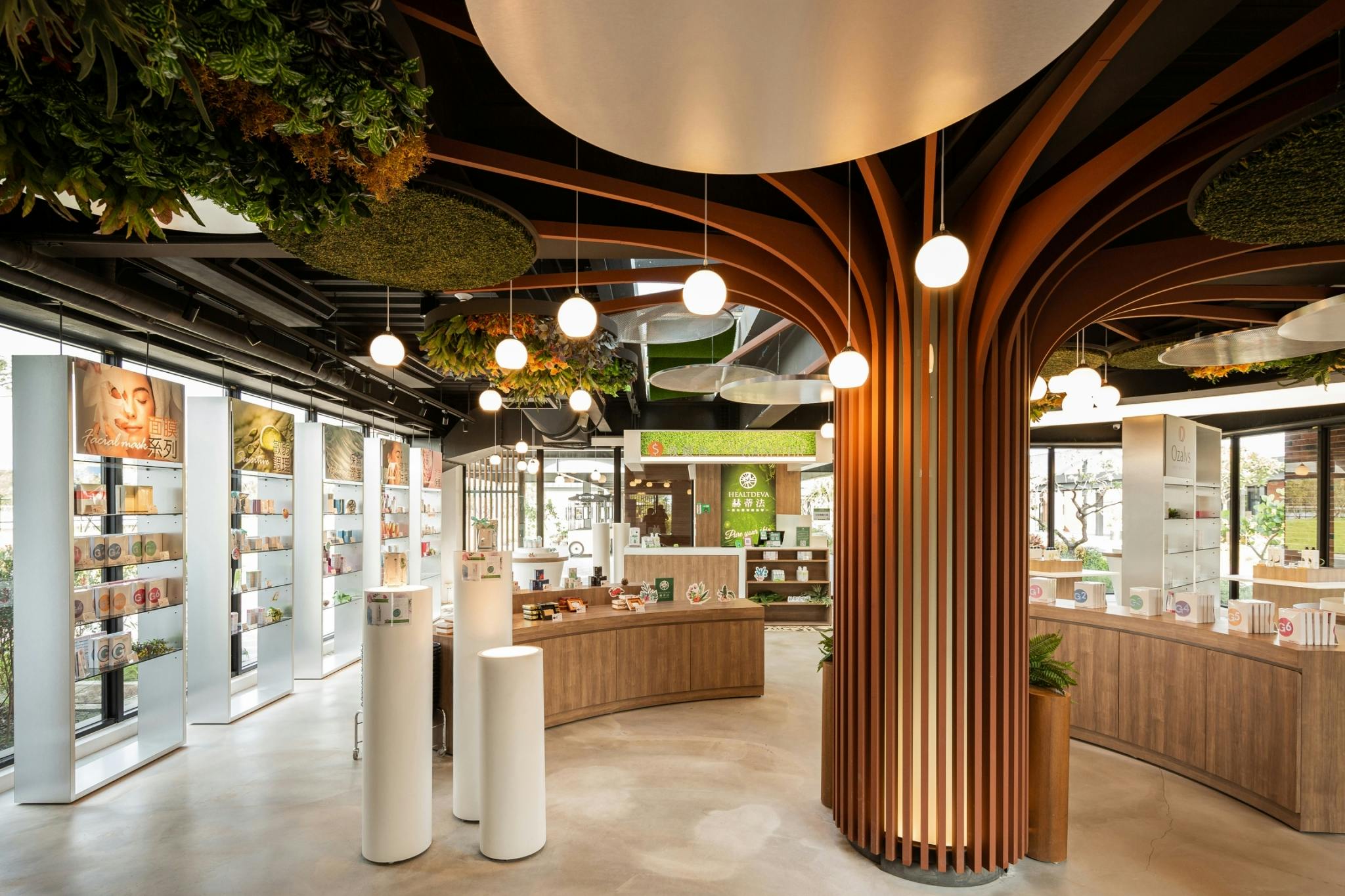 A modern store interior with wooden tree-like columns, shelves, hanging lights, and a natural, eco-friendly design.