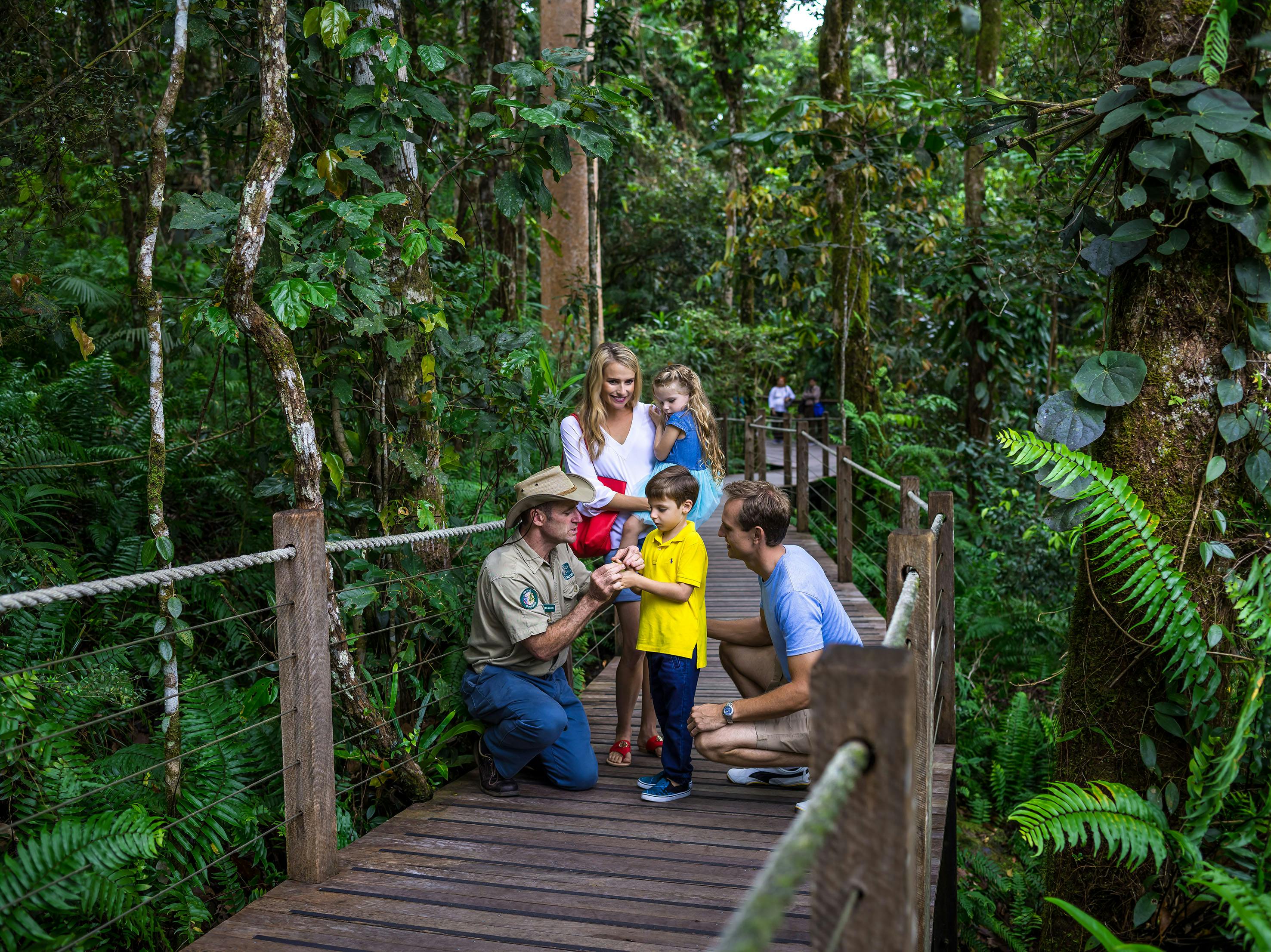 A park ranger shows a small animal to a family with two children on a wooden walkway in a lush forest.