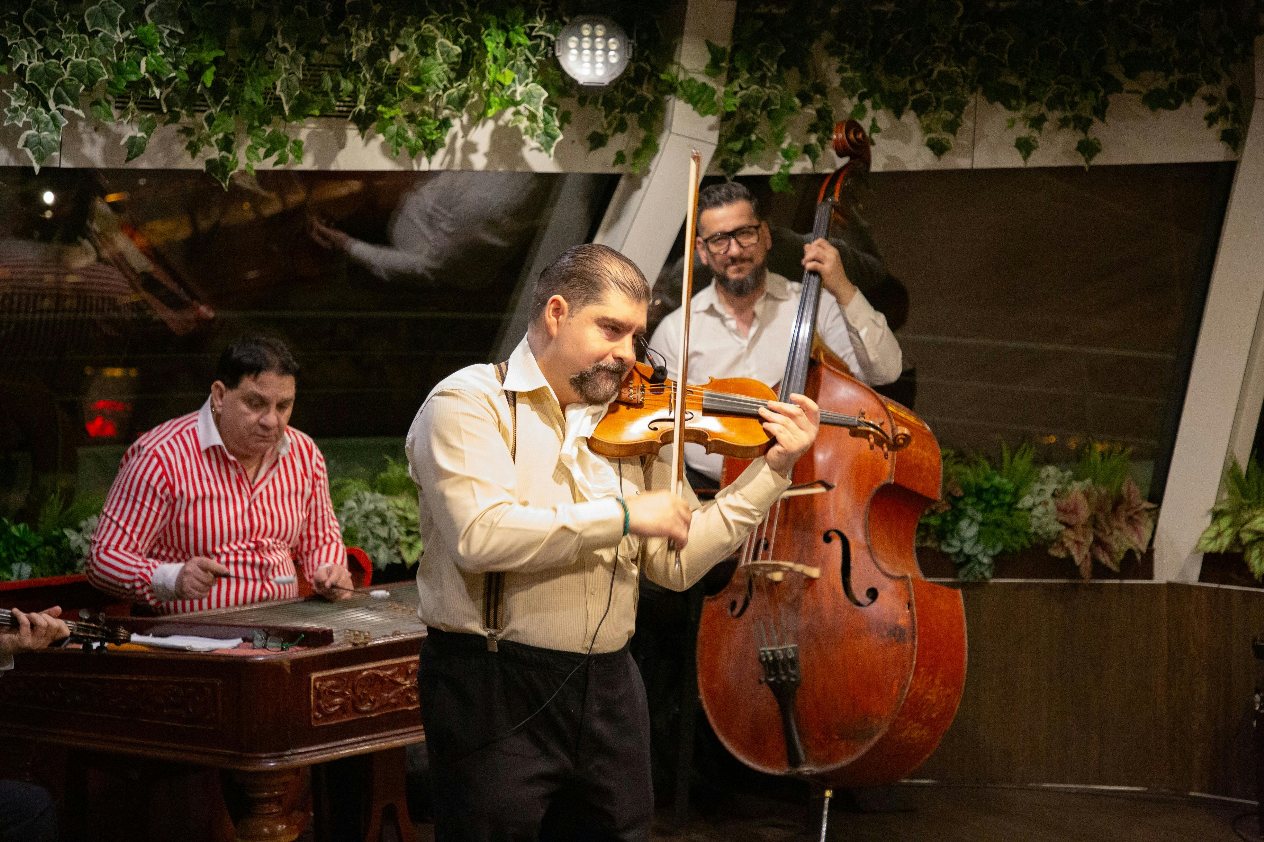 Three musicians performing indoors, featuring a violinist, a double bassist, and a cimbalom player.