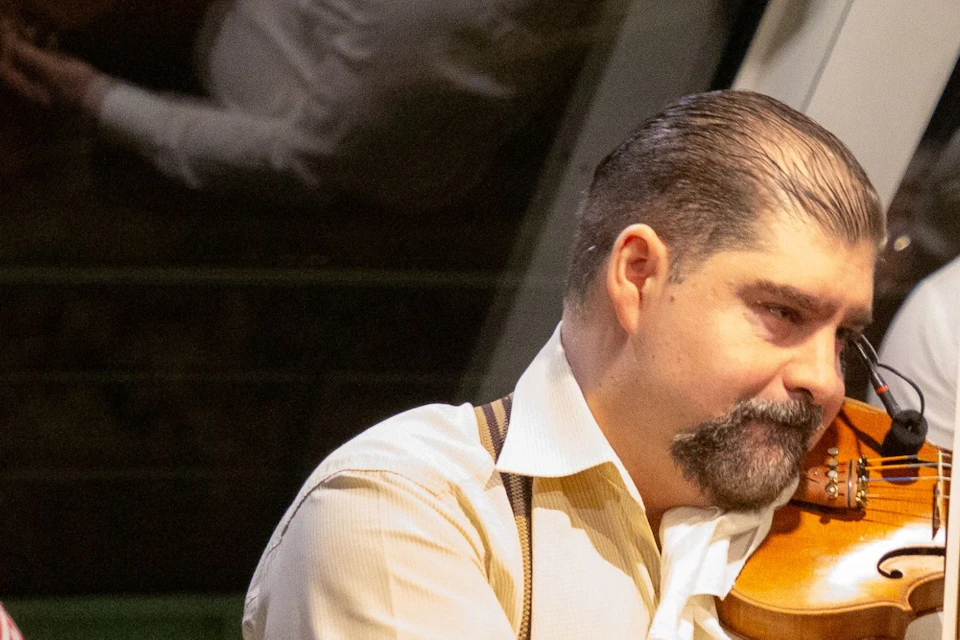 Three musicians performing indoors, featuring a violinist, a double bassist, and a cimbalom player.