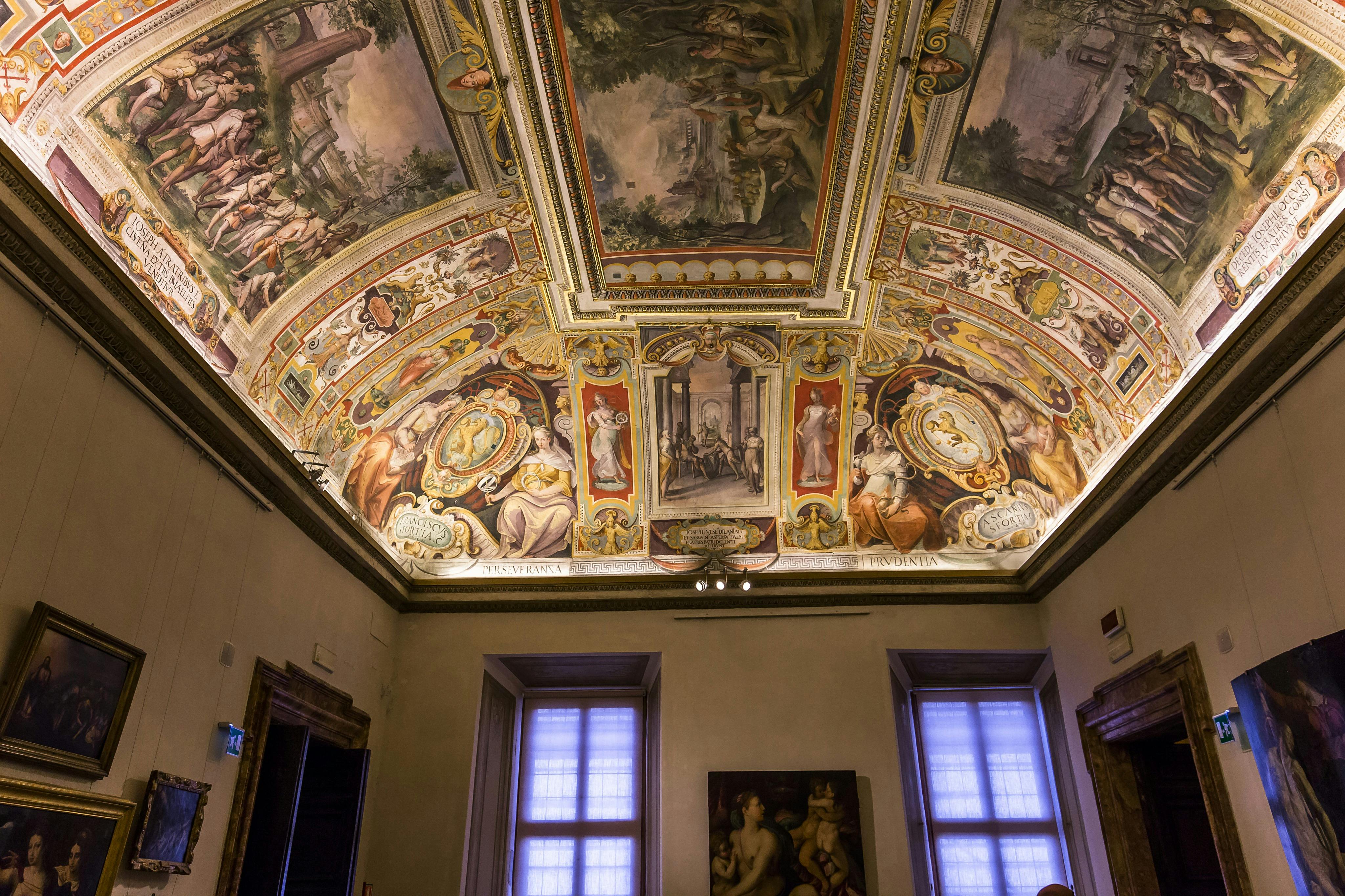 複雑なフレスコ画と光が流れ込む2つの窓を特徴とする塗装された天井の豊かな装飾された部屋。