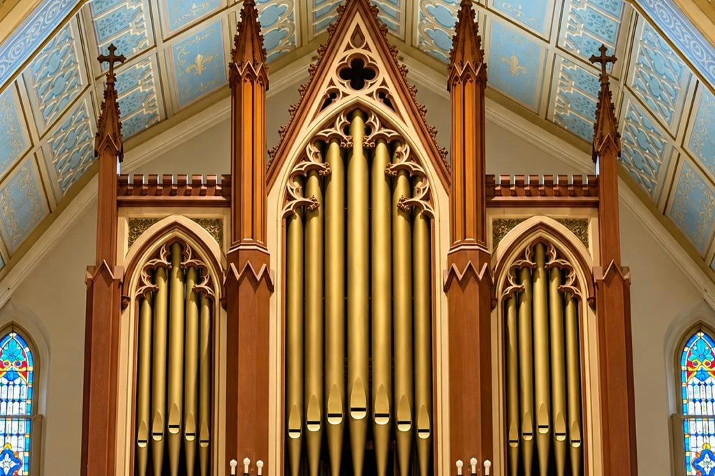 A large pipe organ with ornate wooden framework and gold pipes, set against a backdrop of a decorated ceiling.