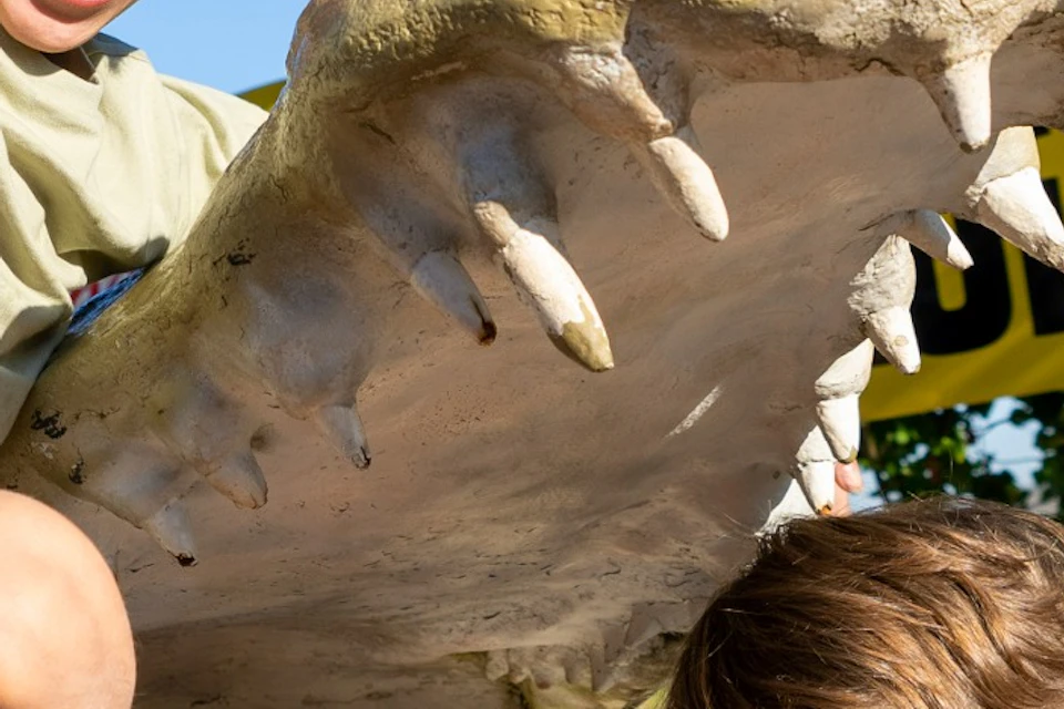 Children posing with a large crocodile statue